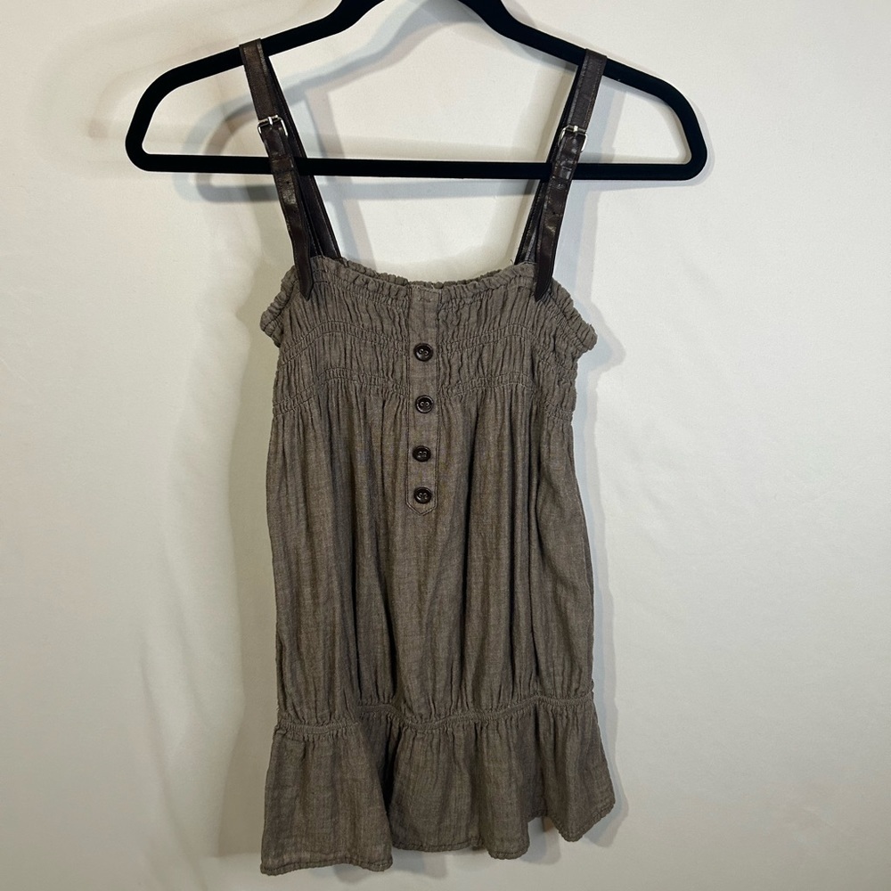 Woman’s peplum tube top with faux leather straps. Large (fits like M). Brown.